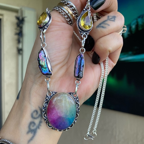 925 sterling silver overlay citrine black pearl Rainbow solar quartz necklace - Picture 14 of 15